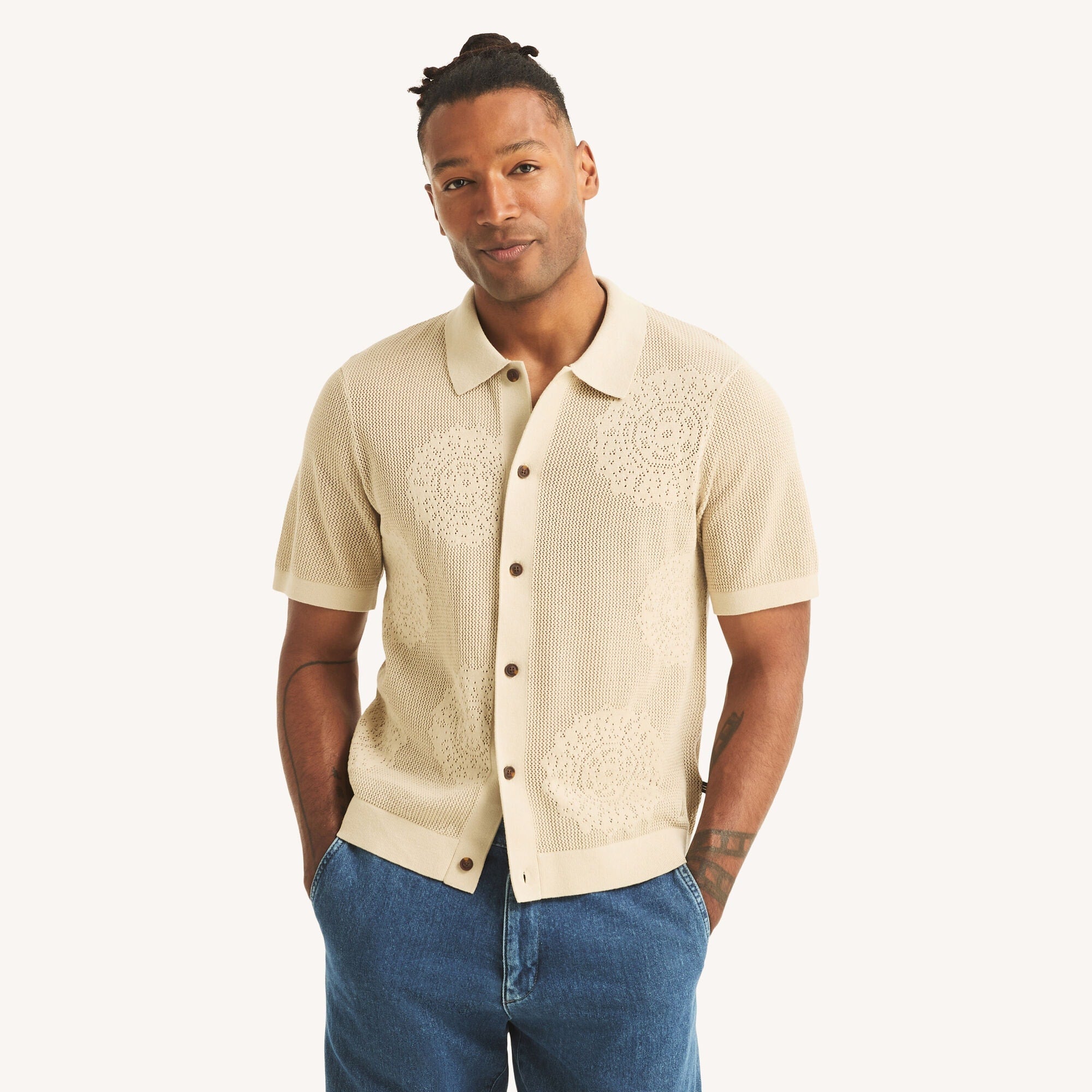 Nautica Mens Mesh Button-Front Sweater Polo