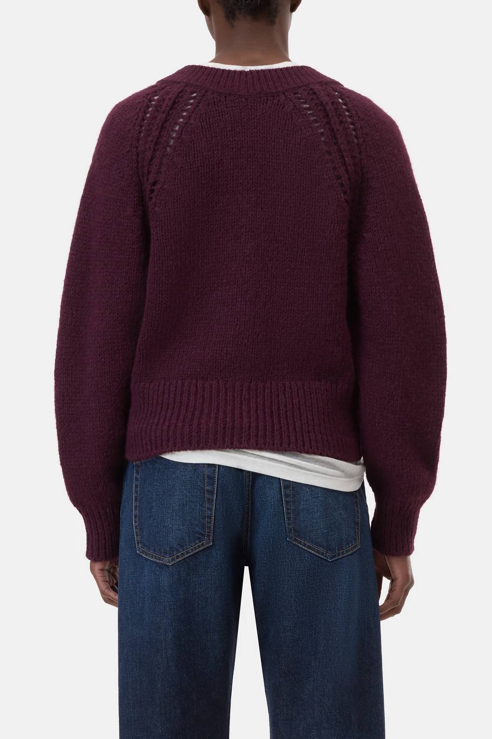 Chunky Knit Waisted Cardigan In Dark Raisin Red