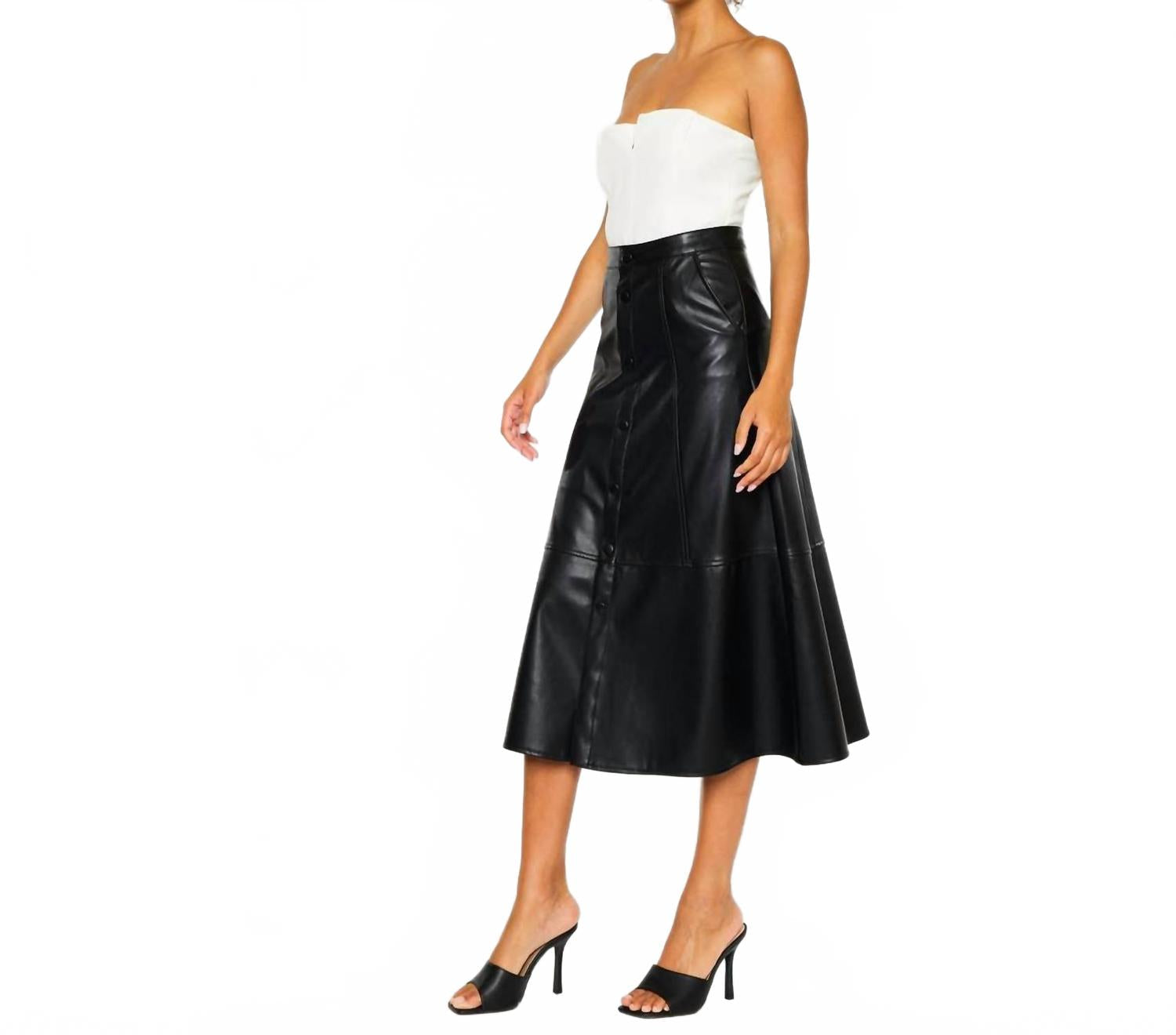 High Rise Leather Midi Skirt In Black