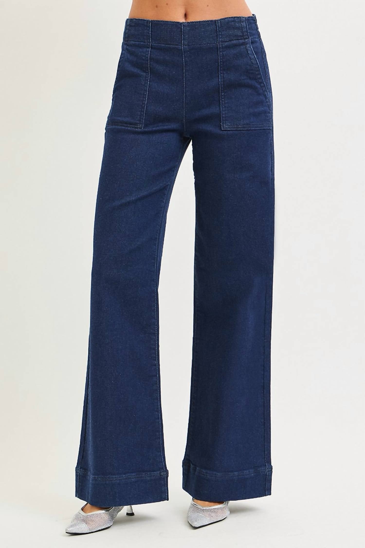 High Rise Elastic Waist Band Jeans In Blue