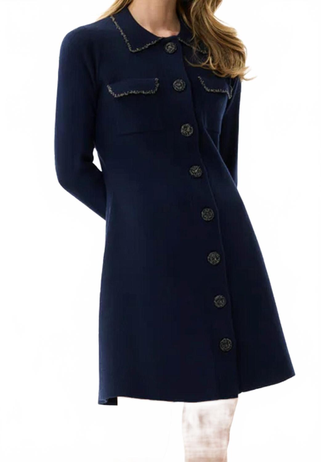 Flared Button Front Knit Dress In Navy