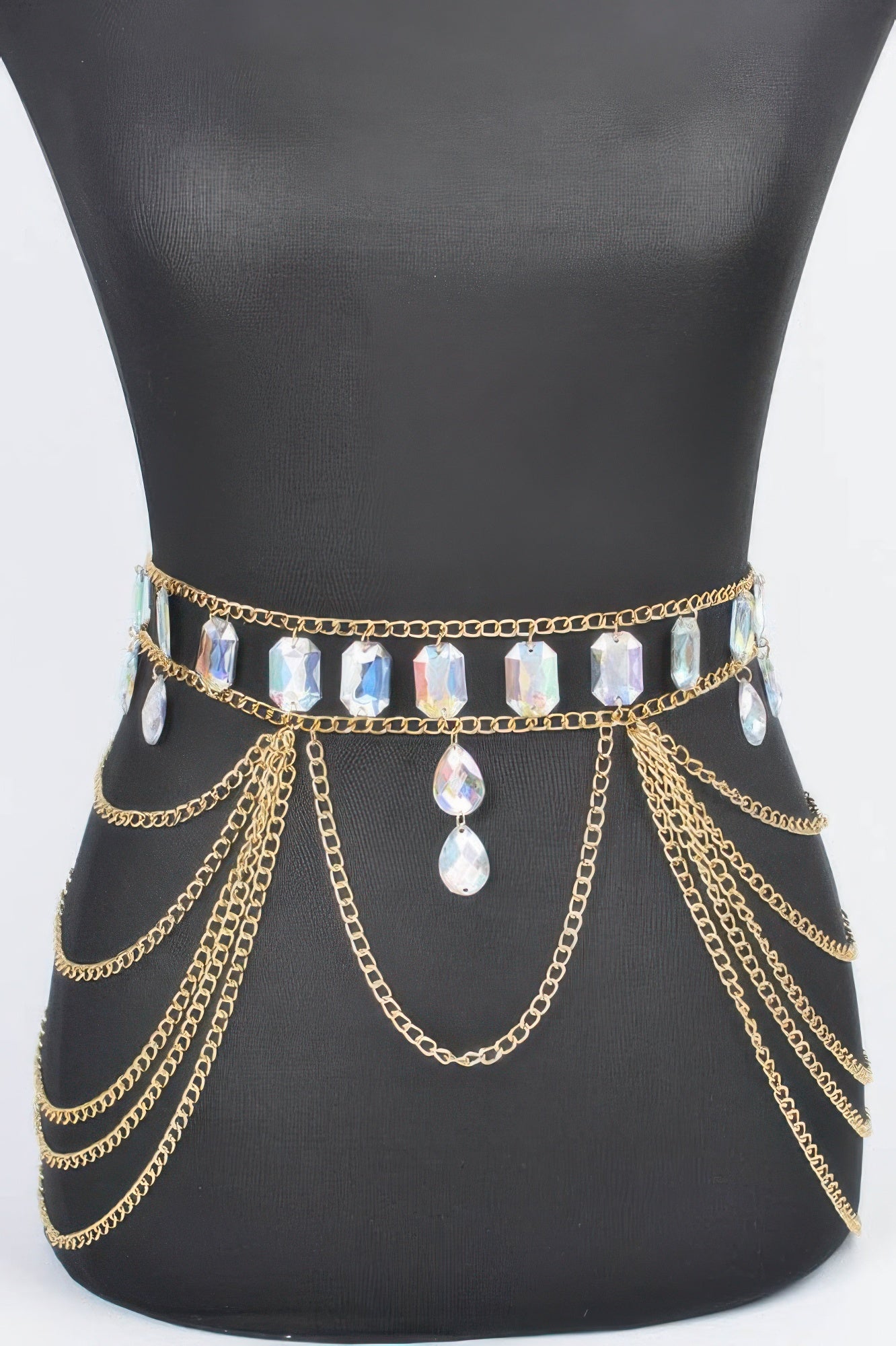 Metal Layered Chain Belt W/acrylic Stone