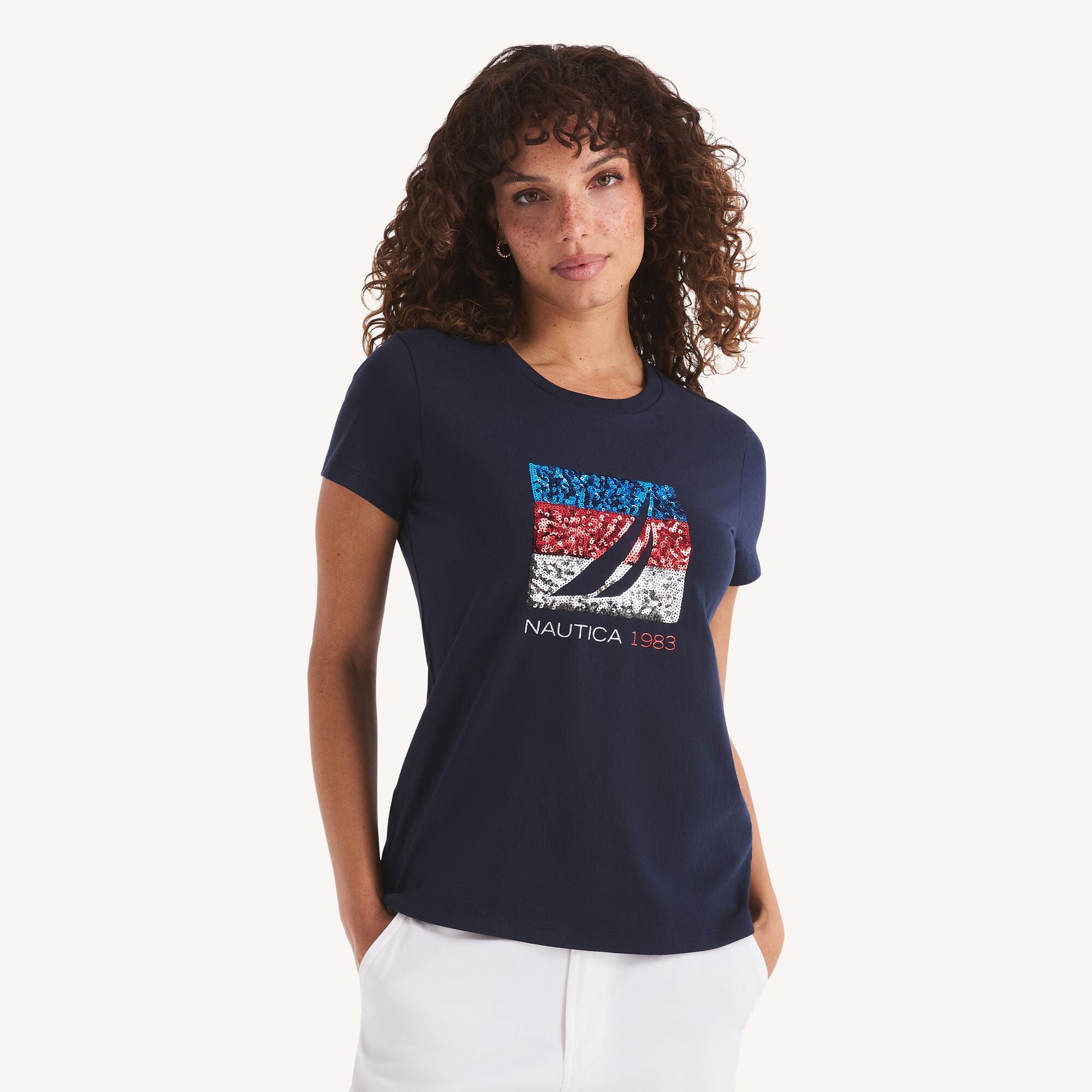 Nautica Womens Sequin Americana Sailing Graphic T-Shirt