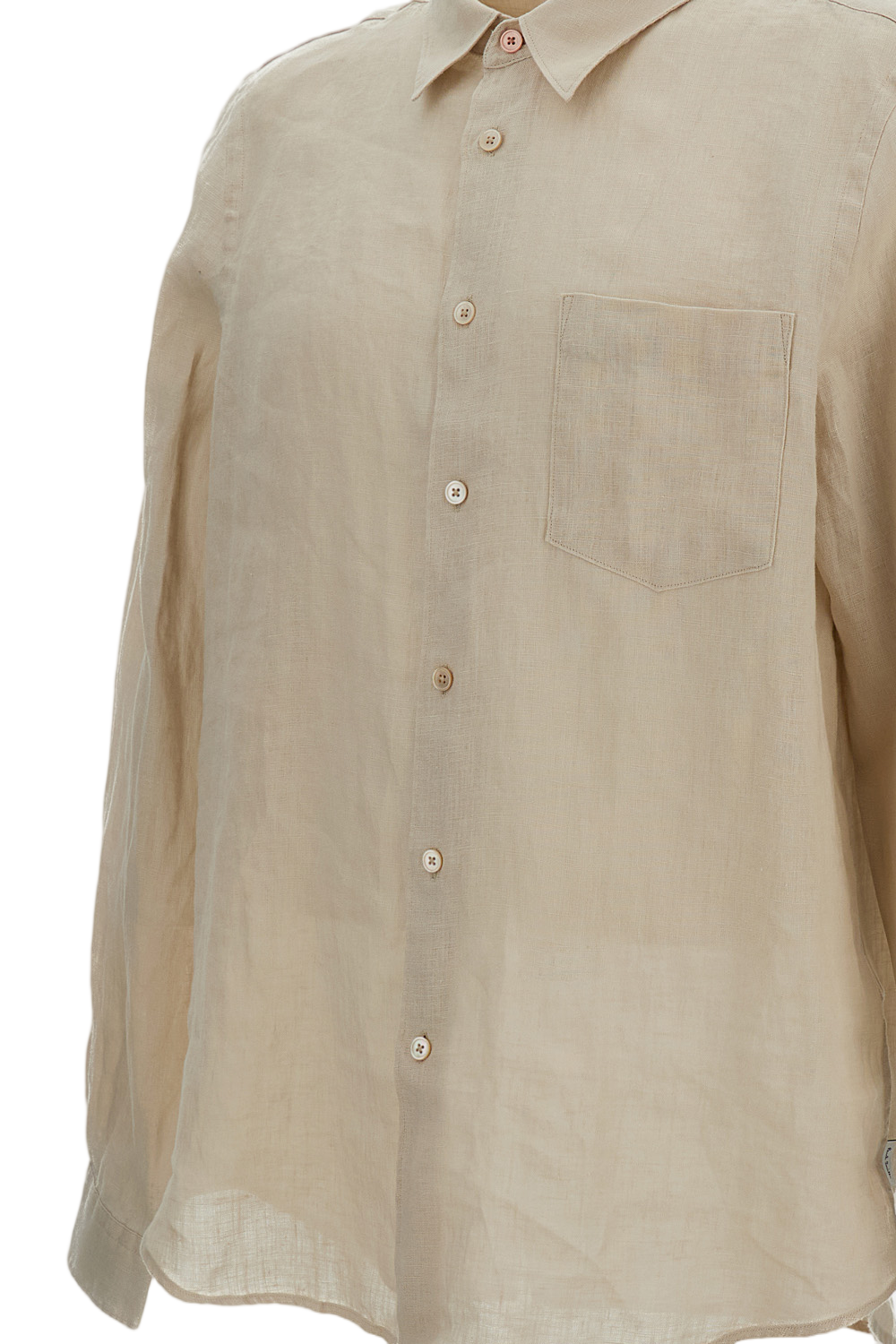 Beige Linen Shirt With Pointed Collar And Patch Pocket