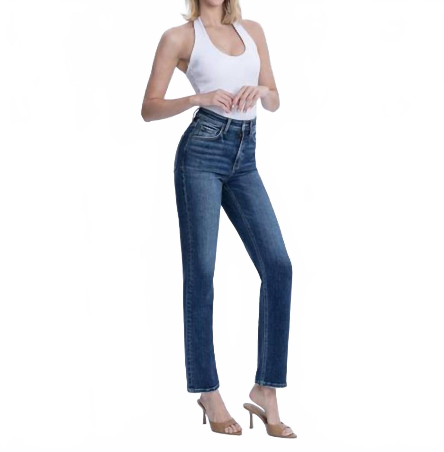 Celestial Glow High Rise Full Length Straight Jeans In Dark Wash