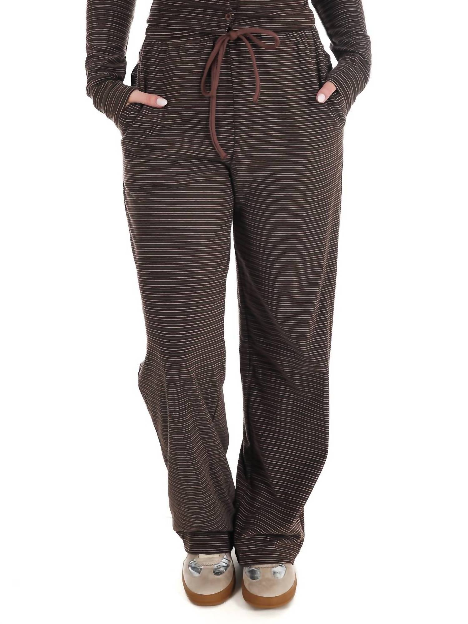Sweet And Certain Striped Drawstring Lounge Pants In Chocolate