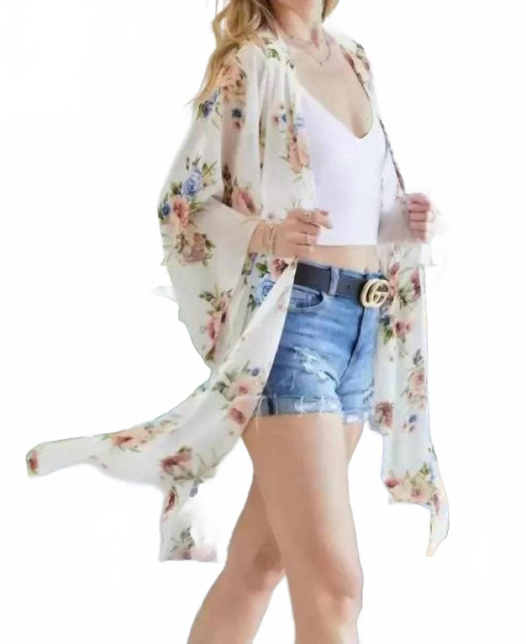 Chiffon Floral Print Three Fourth Sleeve Kimono In Ivory And Blue