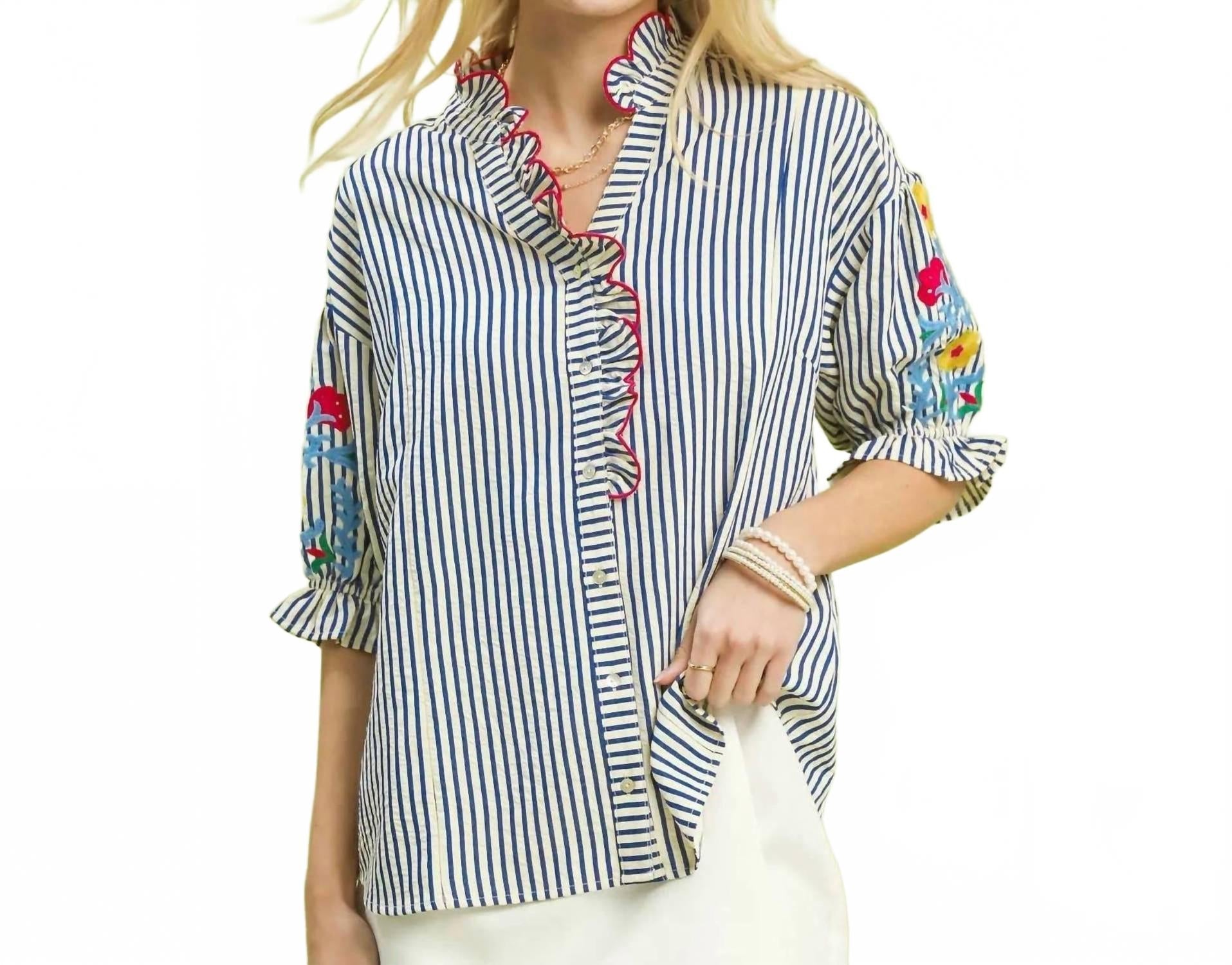 Embroidered Ruffle Trim Stripe Blouse In Blue