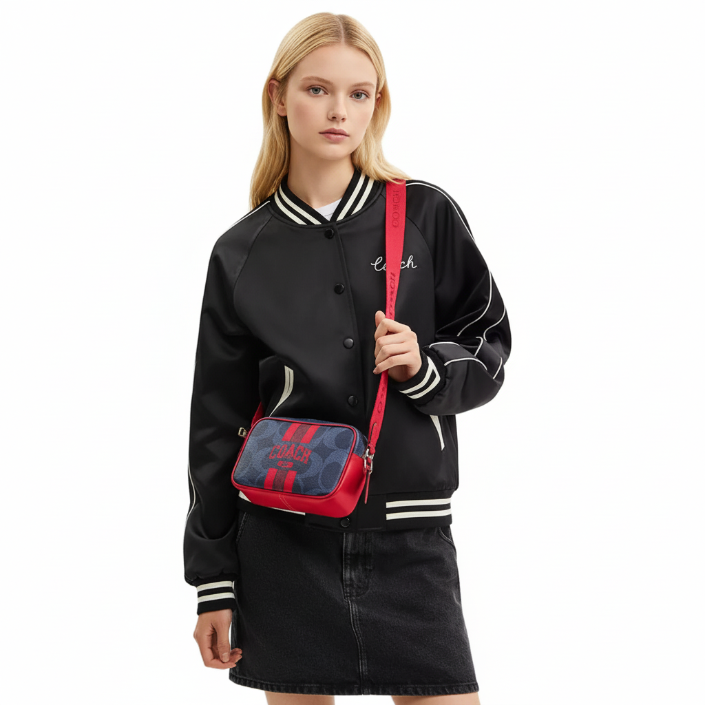 NWT Coach Mini Jamie Camera Crossbody Bag In Signature Canvas & Leather With Varsity Stripe