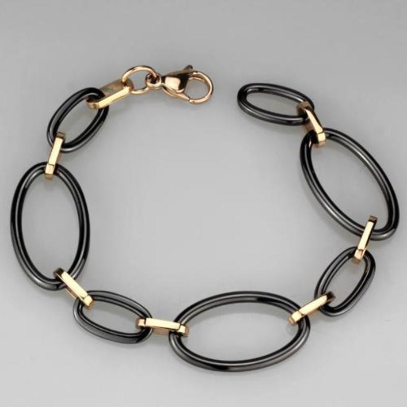 IP Rose Gold(Ion Plating) Stainless Steel Bracelet with Ceramic in Jet