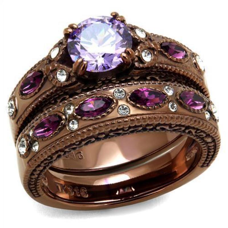 IP Coffee light Stainless Steel Ring with AAA Grade CZ in Amethyst