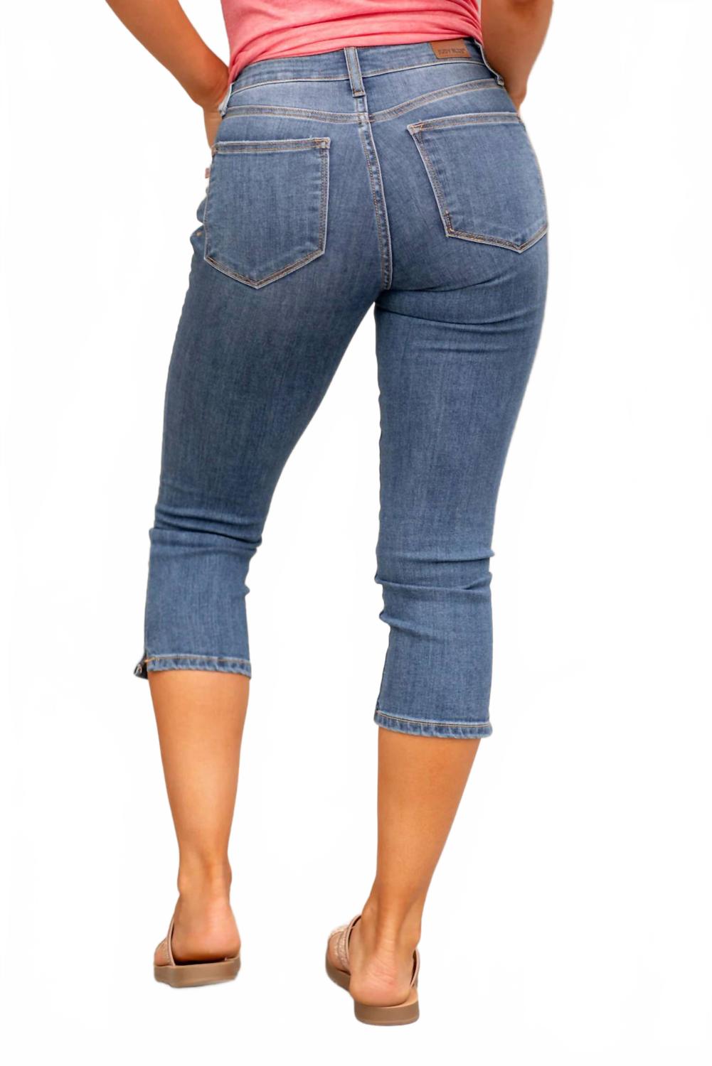 Mid Rise Skinny Capris In Medium Blue Wash