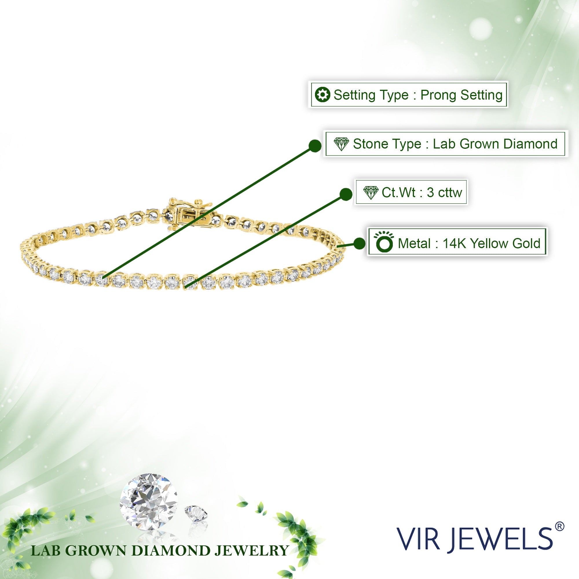 3 cttw Lab Grown Diamond Tennis Bracelet in 14K Gold For Women 6.5 Inch