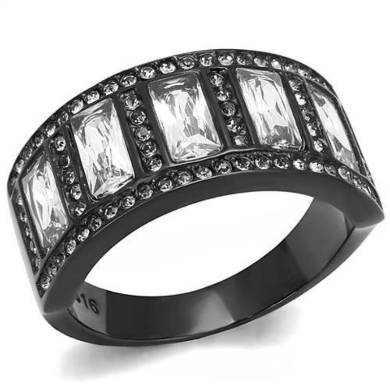 IP Black(Ion Plating) Stainless Steel Ring with AAA Grade CZ in Clear