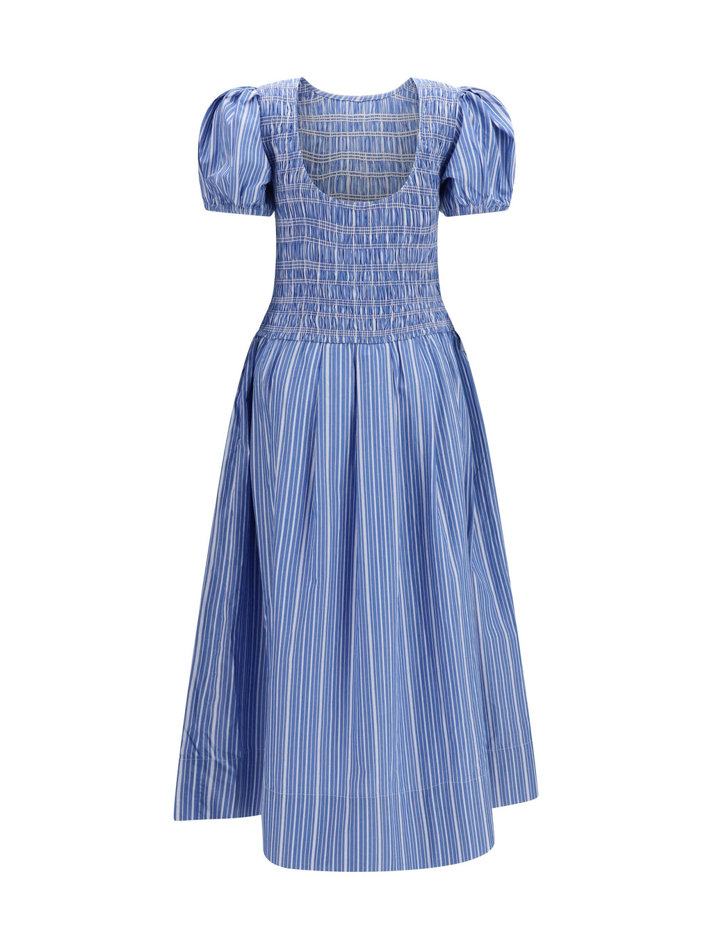 Ganni Women Striped Cotton Dress With Puff Sleeves