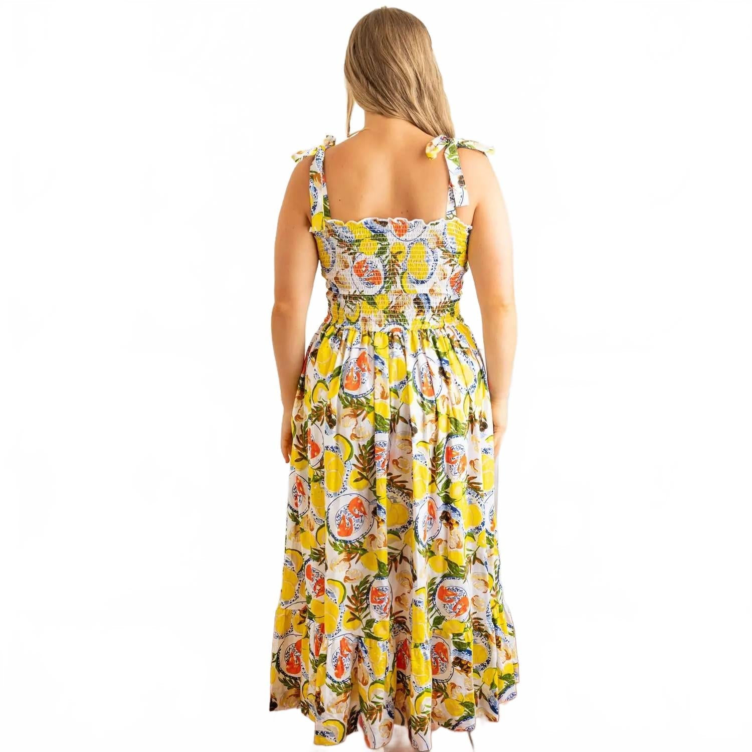 Smocked Tie Top Maxi Dress In Lemon Santorini
