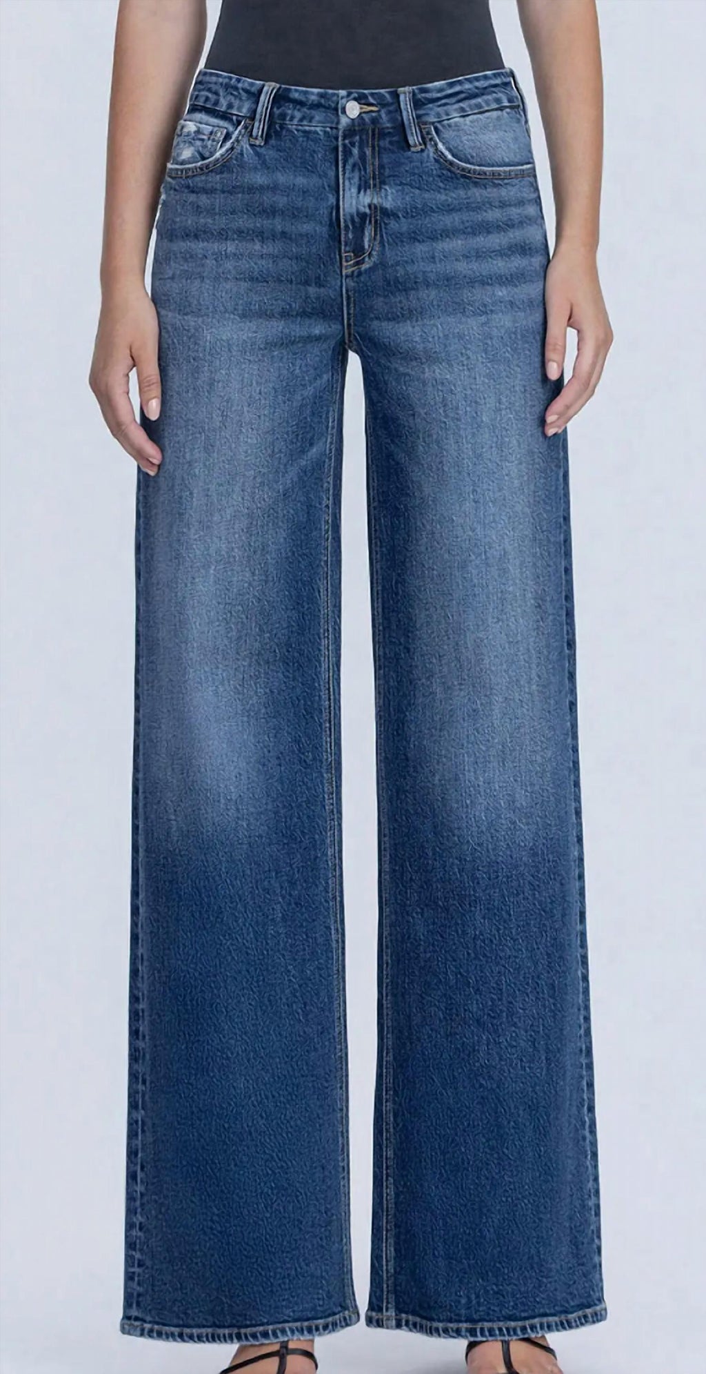 Nicest High Rise Seamless Waistband Wide Leg Jeans In Dark Wash