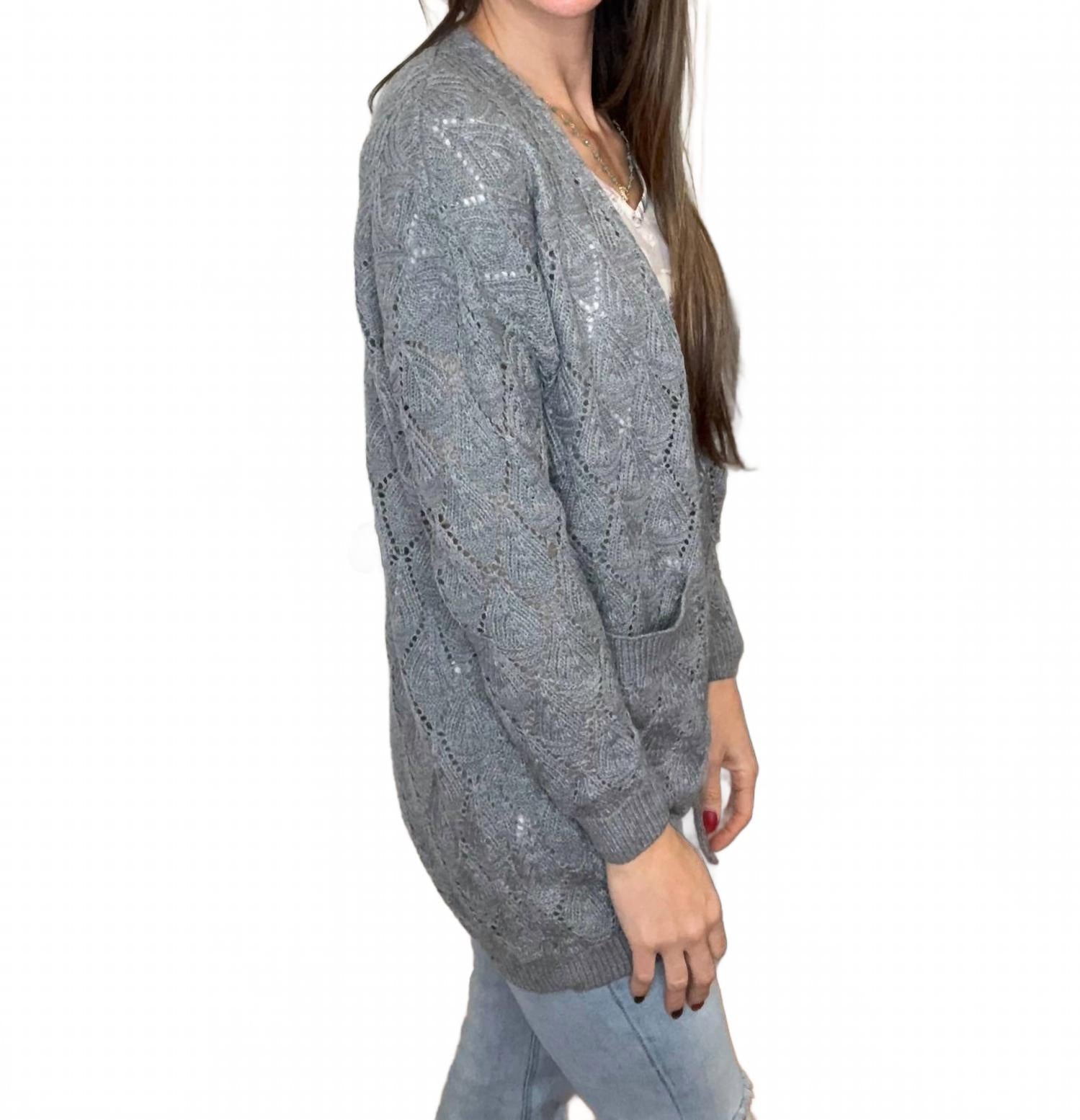 Romona Open Knit Cardigan In Gray