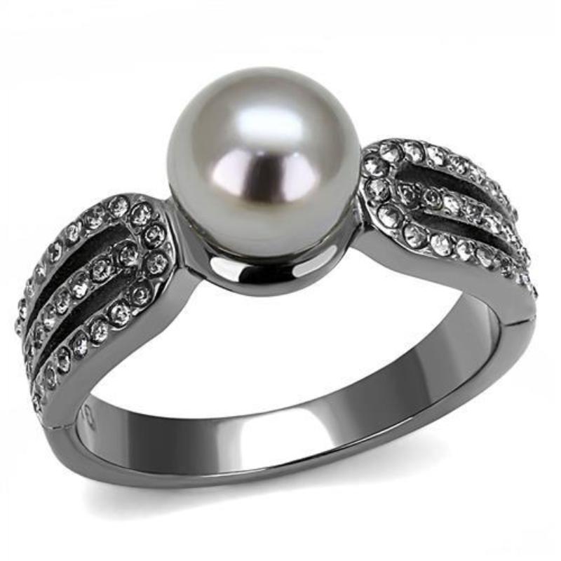 IP Light Black Stainless Steel Ring with Synthetic Pearl in Gray