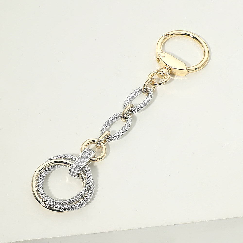 14K Gold Plated Two Tone CZ Pave Double Ring Drop Keychain Bag Charm
