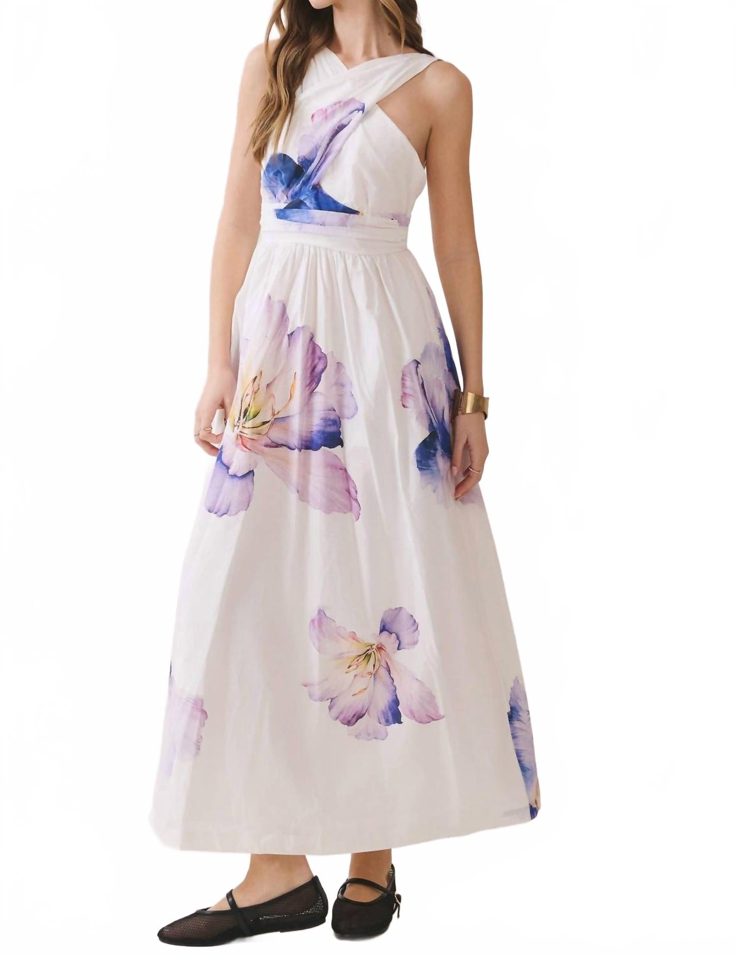 Floral Print Cross Halter Neck Midi Dress In Off White