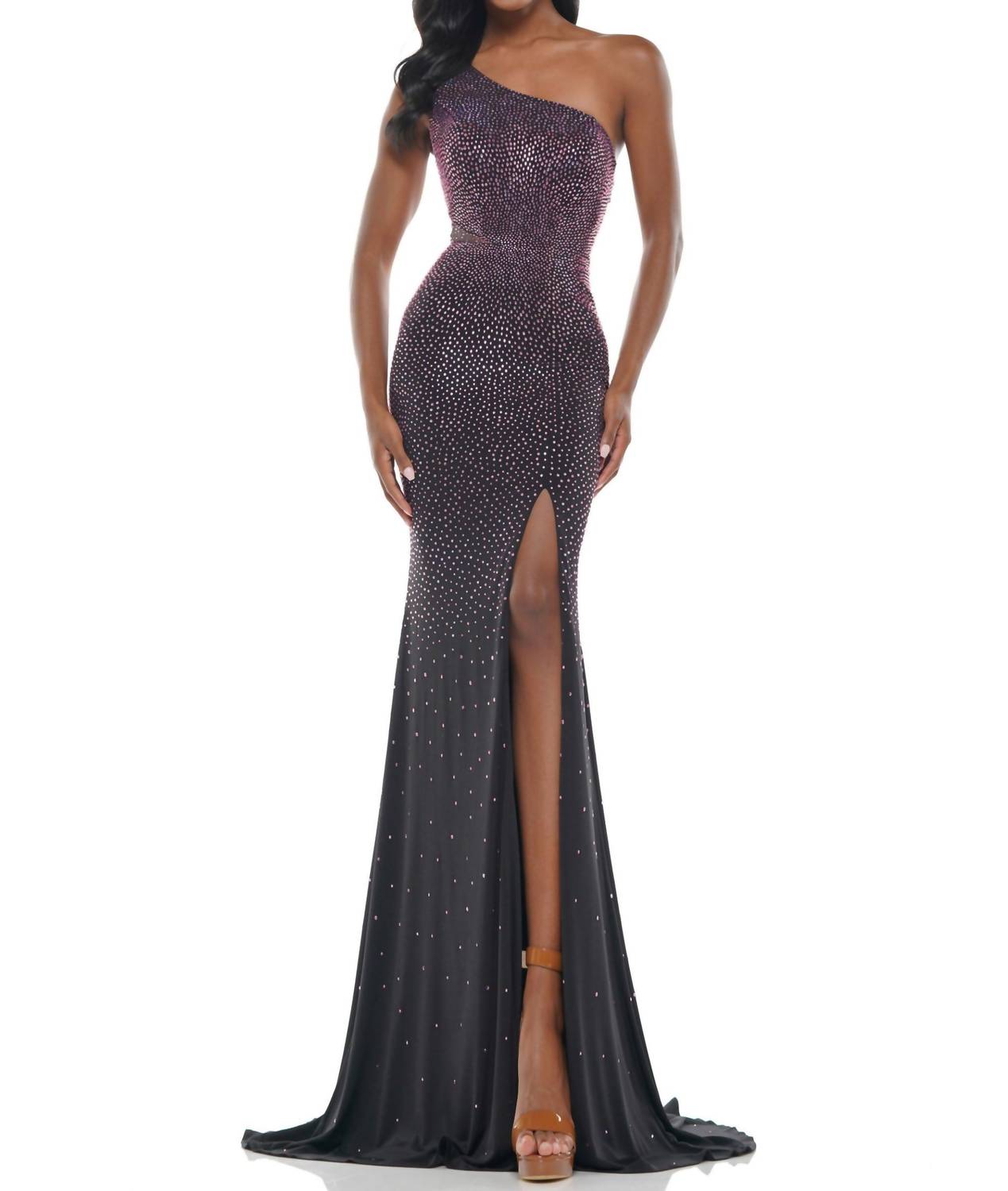 One Shoulder Sequin Gown In Black/pink
