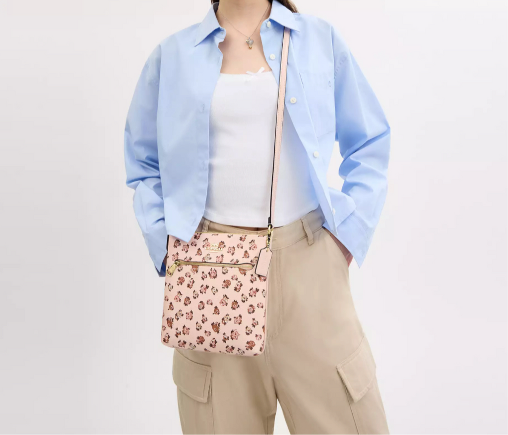 NWT Coach Mini Rowan File Bag With Rose Print In Gold/Blush