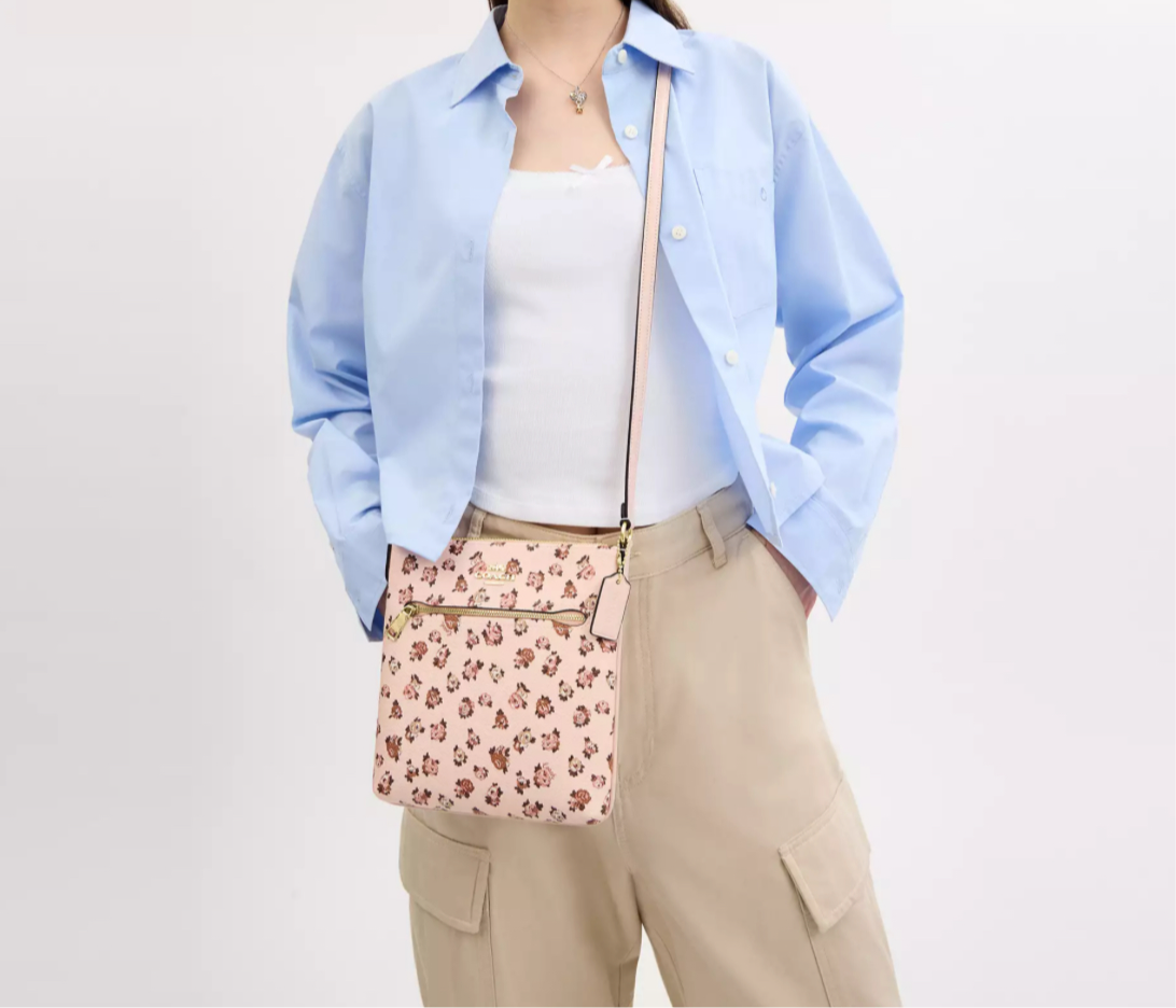 NWT Coach Mini Rowan File Bag With Rose Print In Gold/Blush