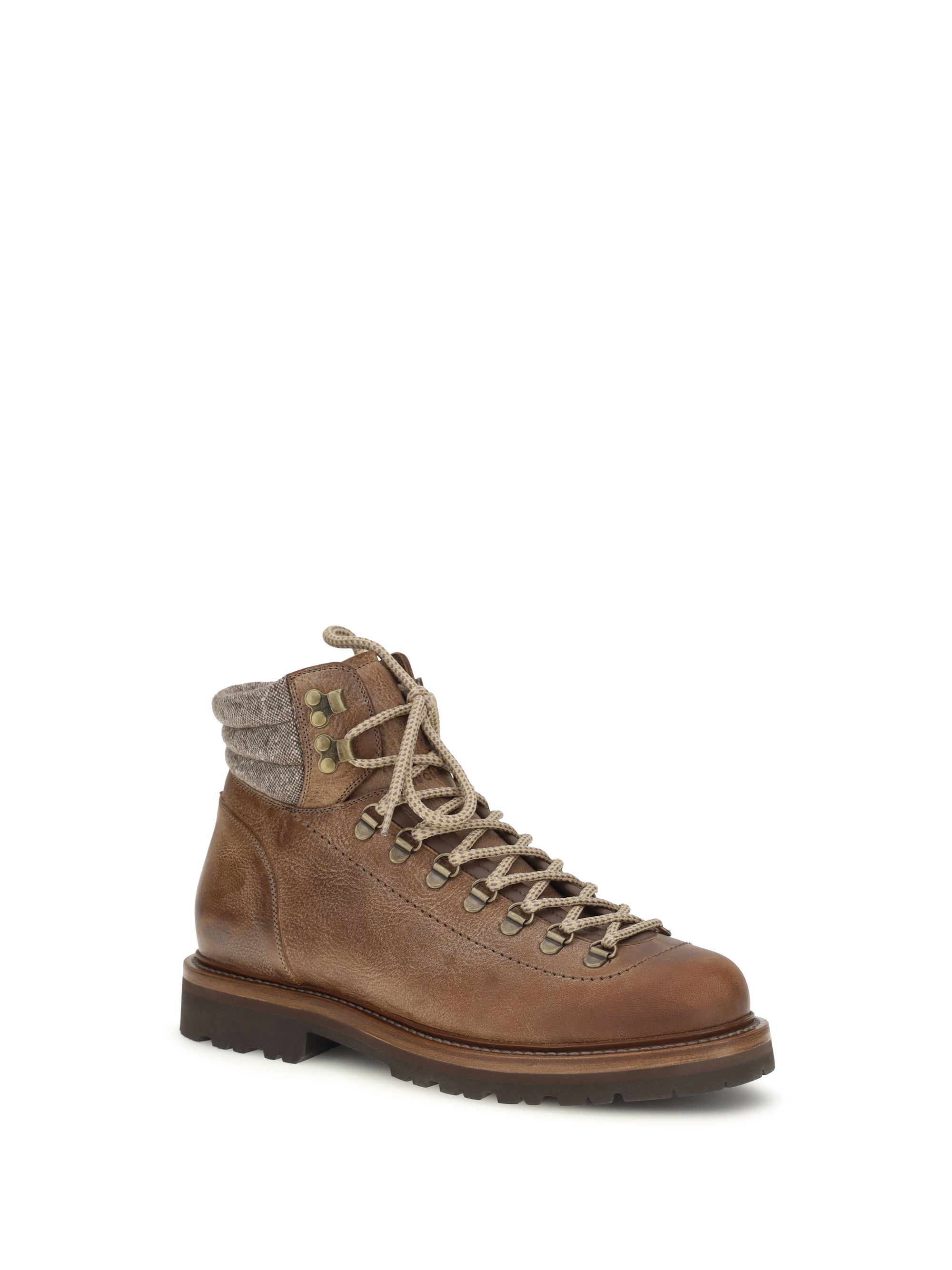 Brunello Cucinelli Men Mountain Boots In Leather With Wool And Cashmere Inserts