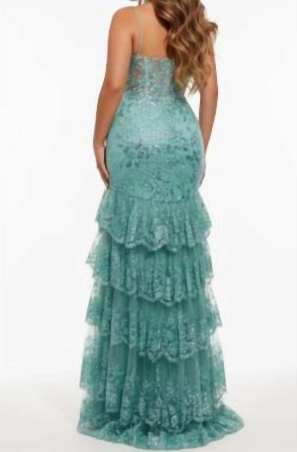Spaghetti Strap Gown With Beaded Bodice And High Slit In Sage