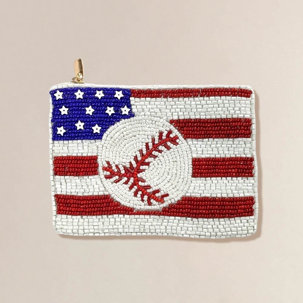 American USA Flag Baseball Seed Beaded Mini Pouch Bag