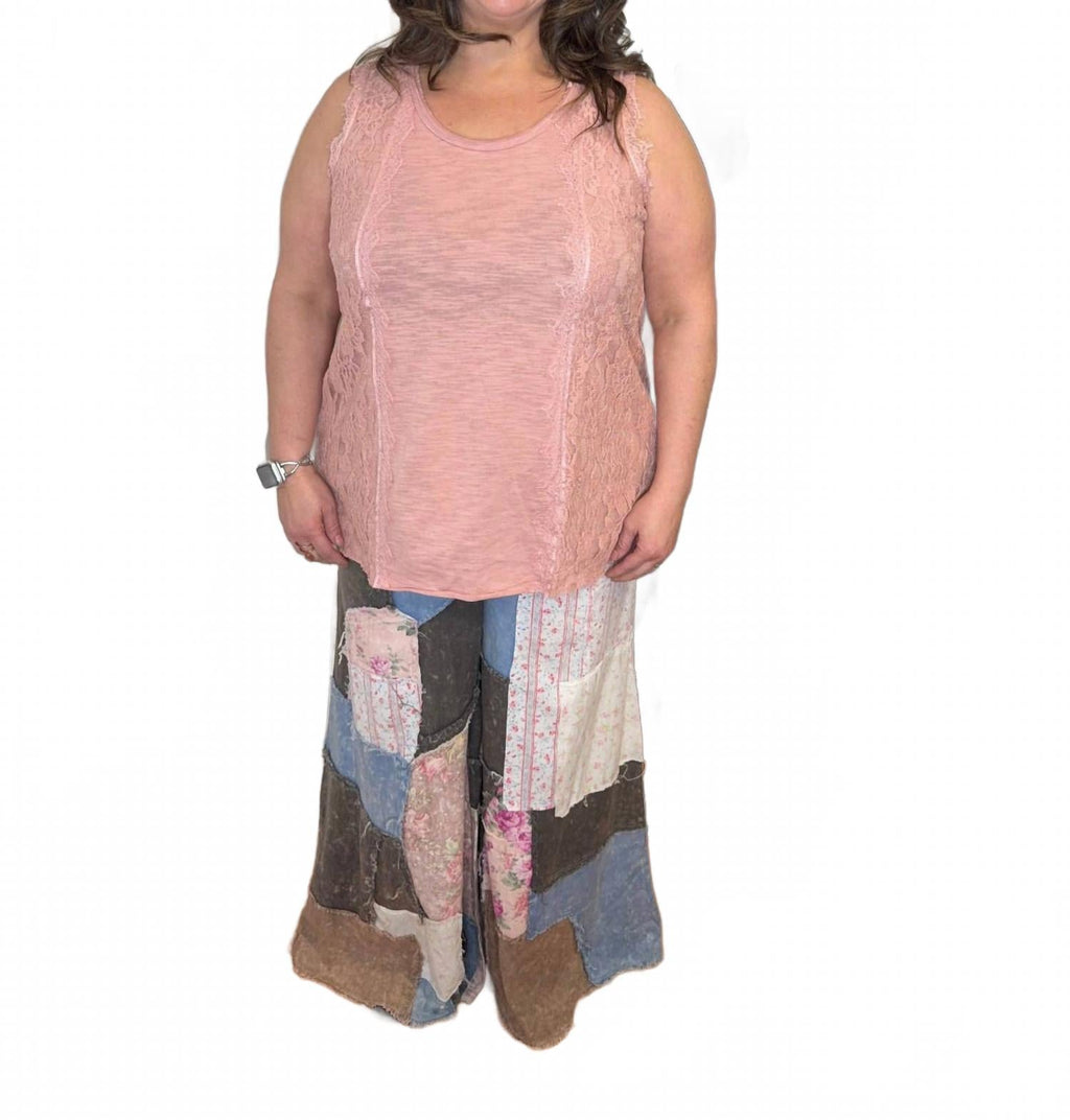 Patty Patchwork Chambray Denim Pants In Pink Multi