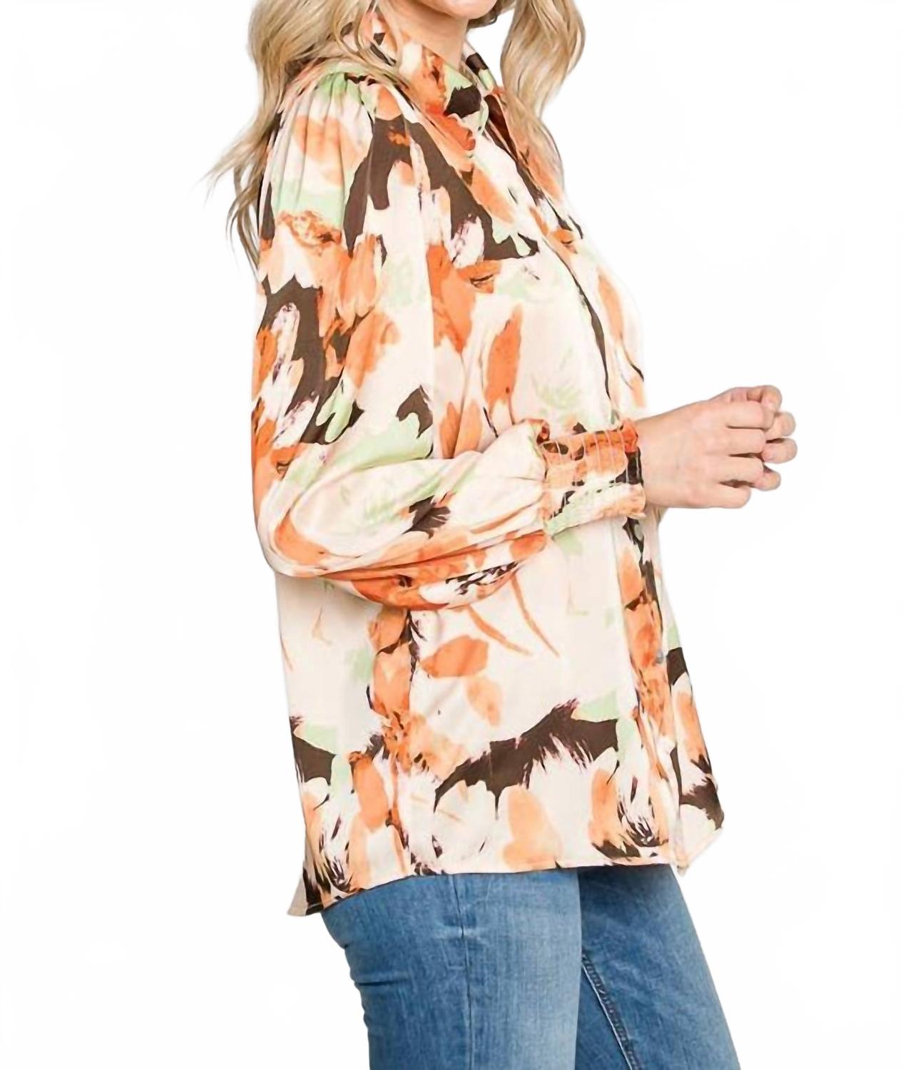 Floral Satin With Smocked Cuffs Shirt In Beige