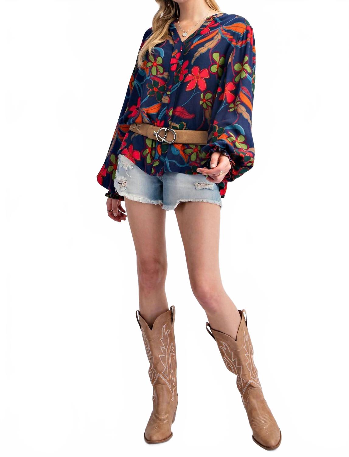 Peach Blossom Floral Gauze Top In Navy