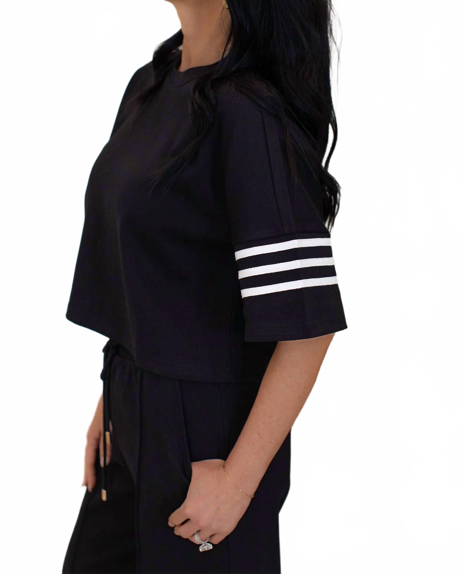 Luna Short Sleeve Knit Top And Wide Leg Pants Set In Black