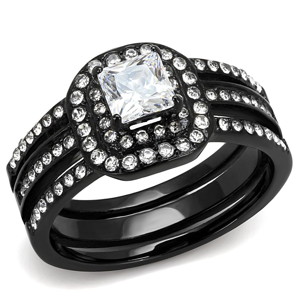 IP Black(Ion Plating) Stainless Steel Ring with AAA Grade CZ in Clear