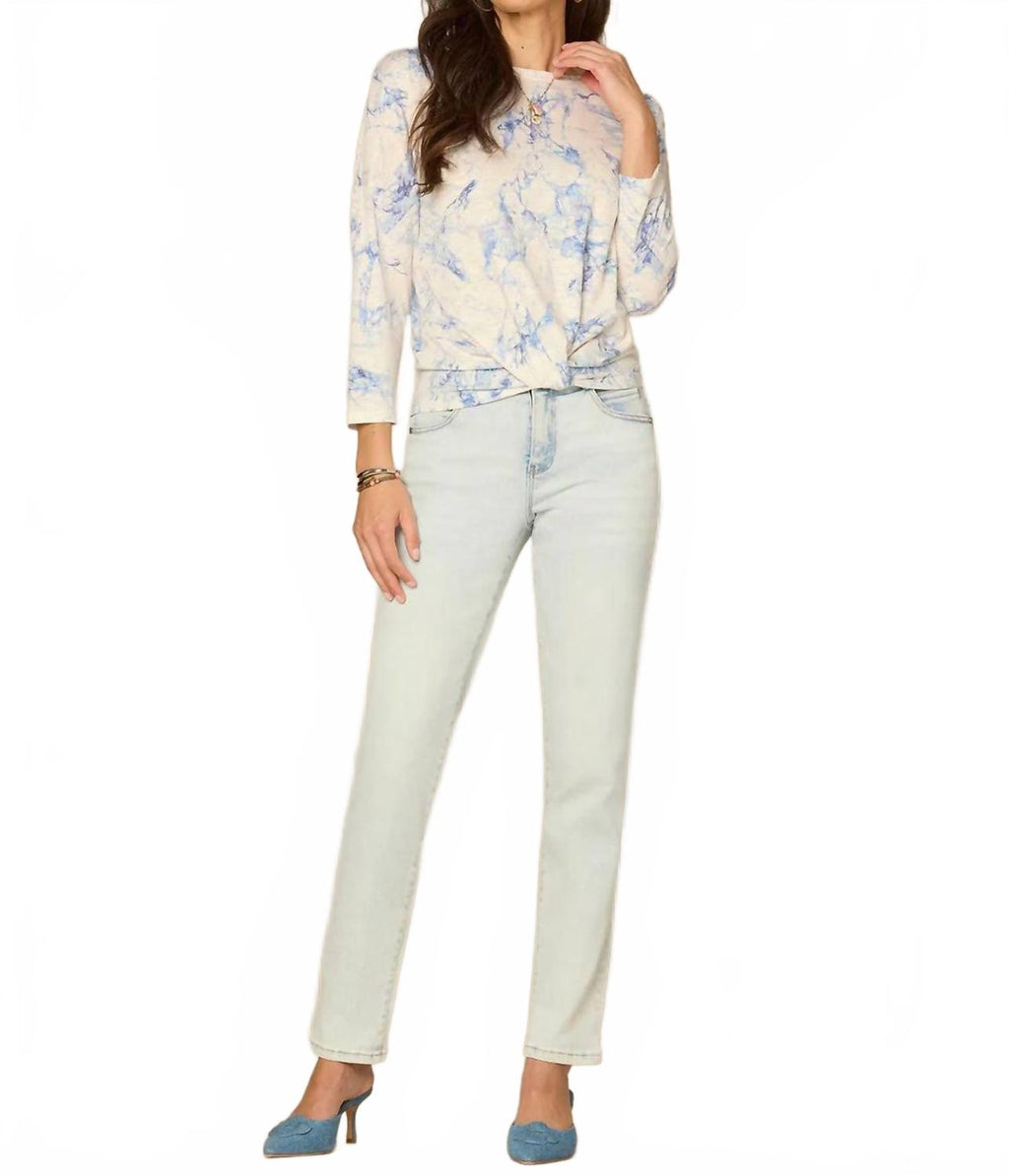 Three Quarter Sleeve Scoop Neck Knit Top In Blue