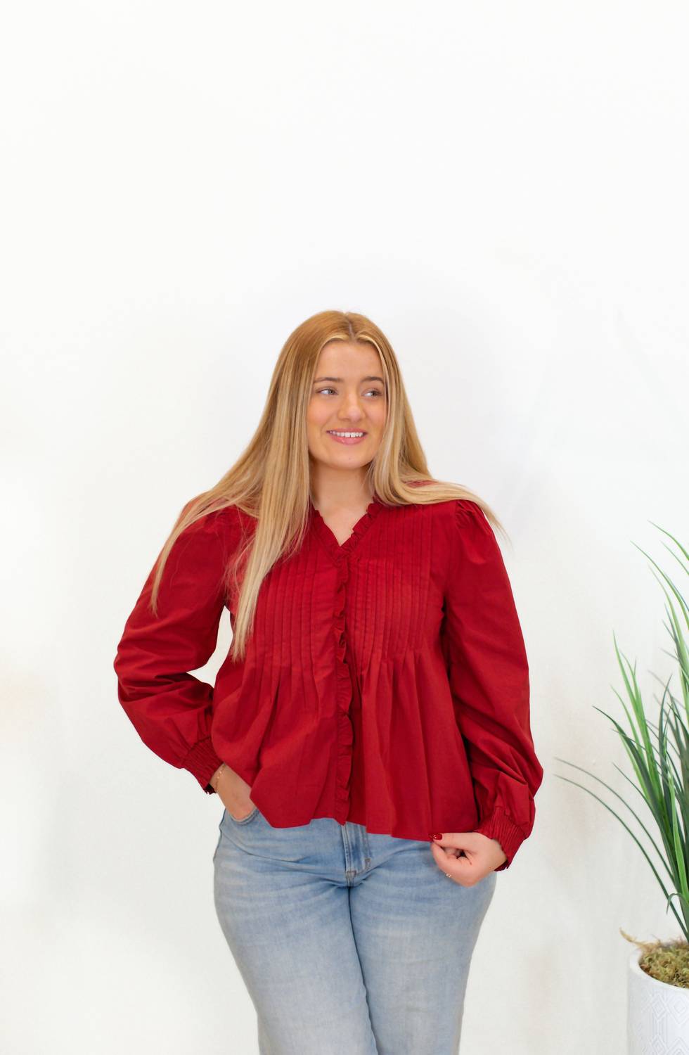V-Neck Ruffled Trim Hidden Button Down Blouse In Crimson