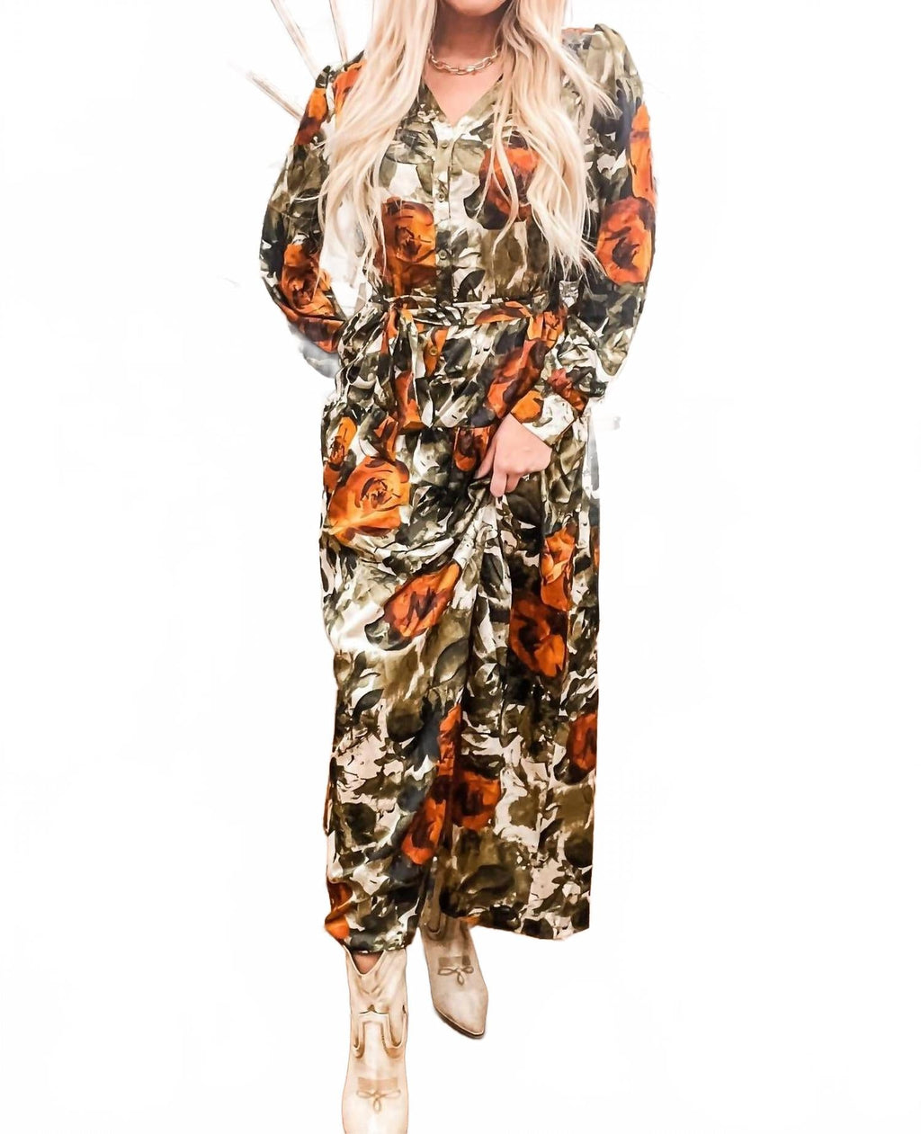Abstract Rose Midi Dress - Plus In Rust/olive