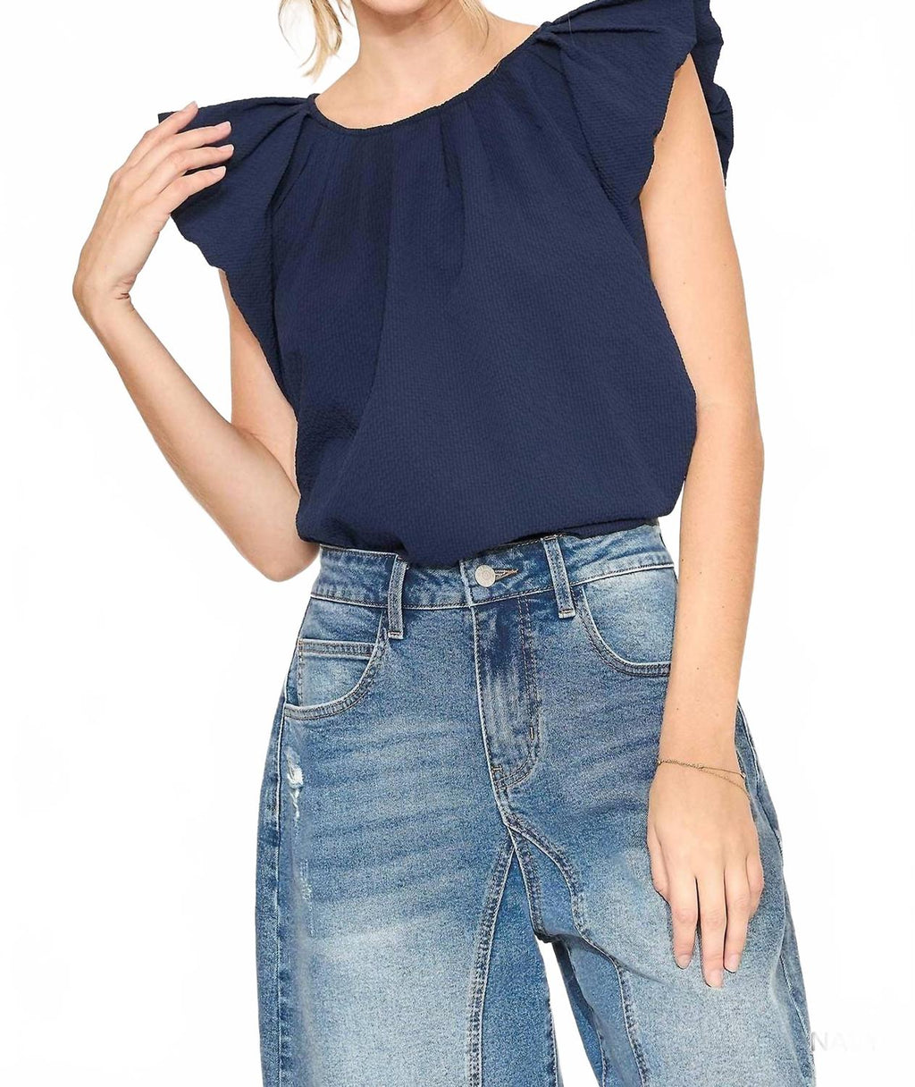 Flutter Sleeve Pleated Crew Neck Blouse In Navy