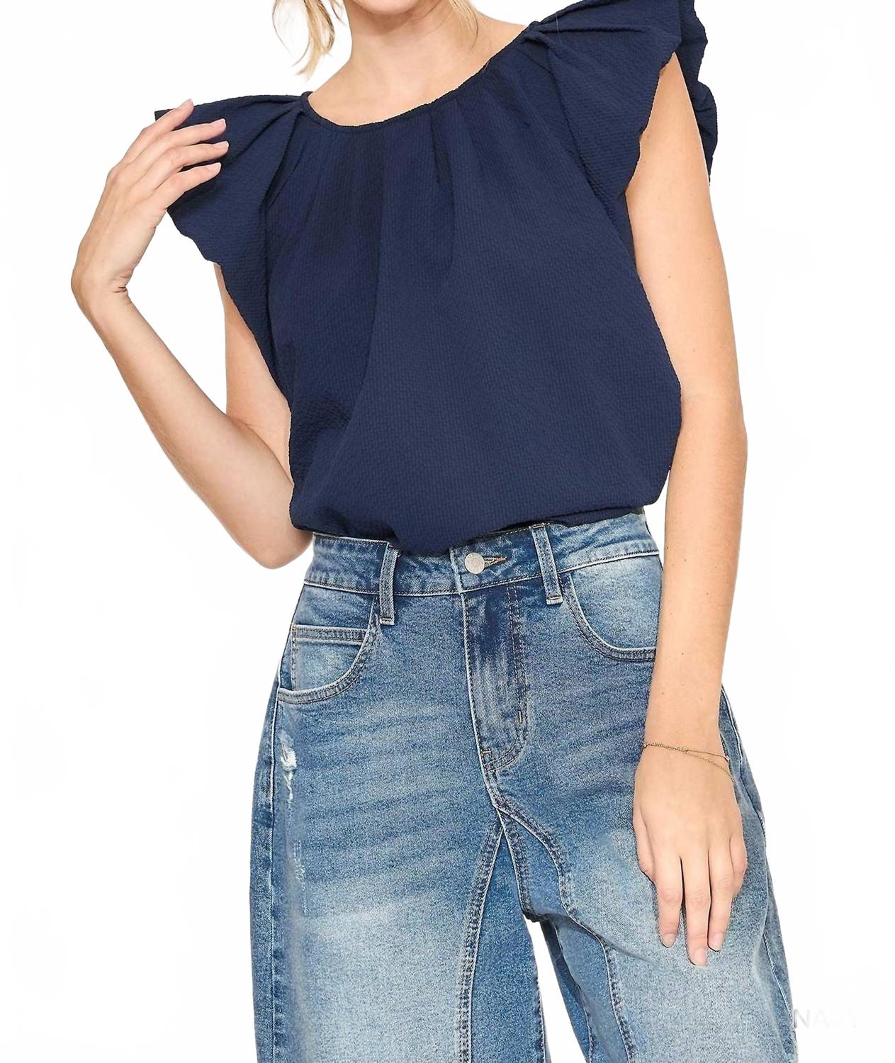 Flutter Sleeve Pleated Crew Neck Blouse In Navy