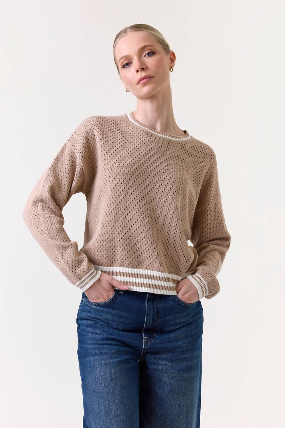 Vanessa Stripe Detail Crew Sweater In Light Brown/ivory
