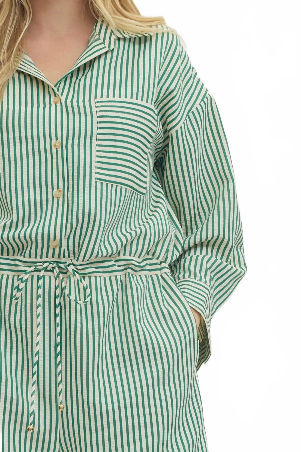 Storytelling Striped Long Sleeve Shorts Romper In Green