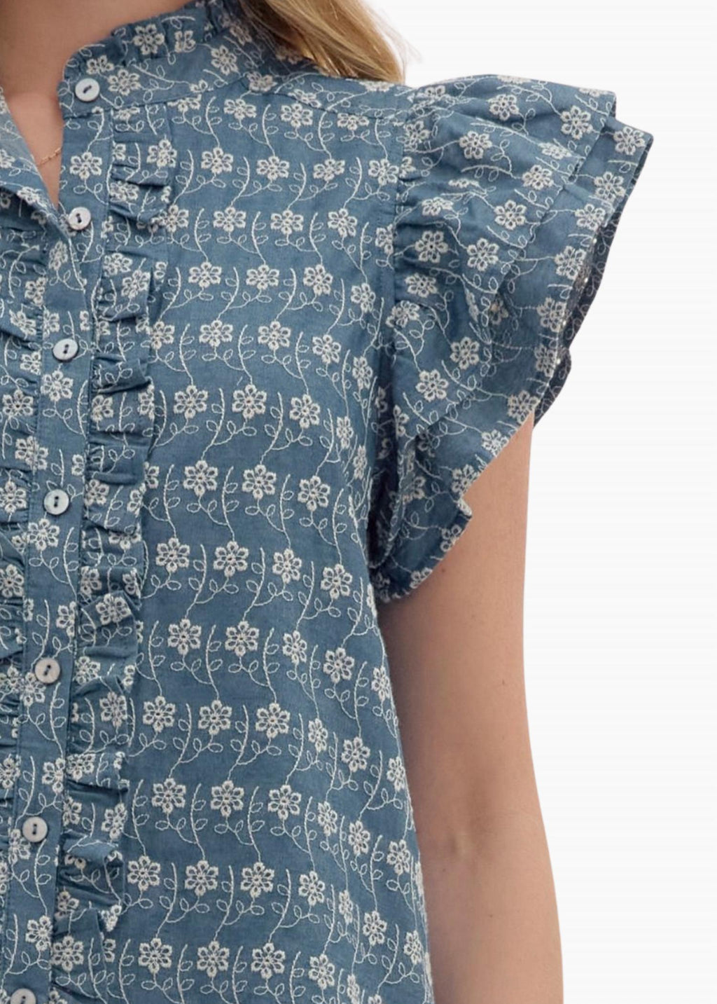 Georgia Flutter Sleeve Top In Embroidered Chambray