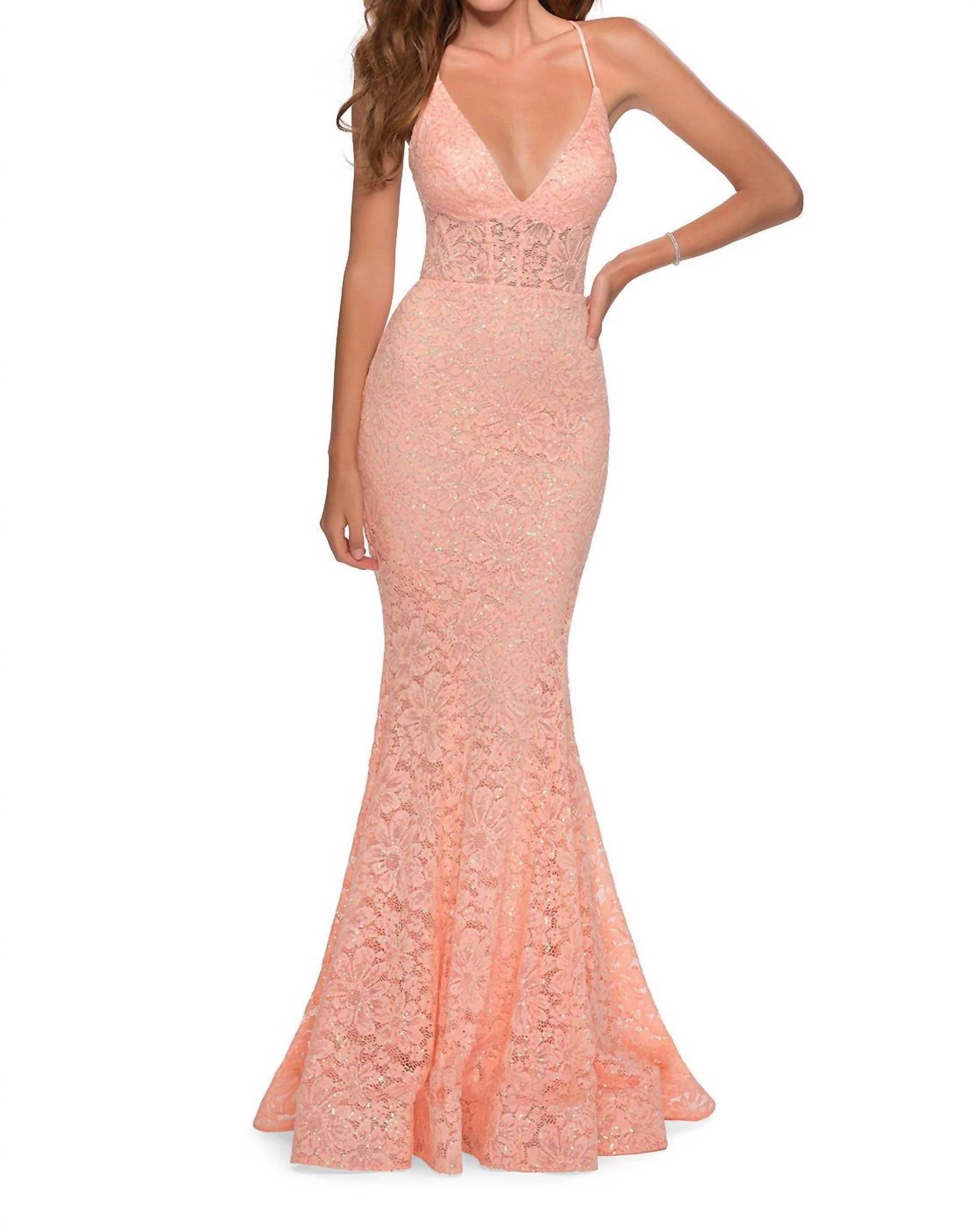 Sequin Lace Prom Dress In Peach