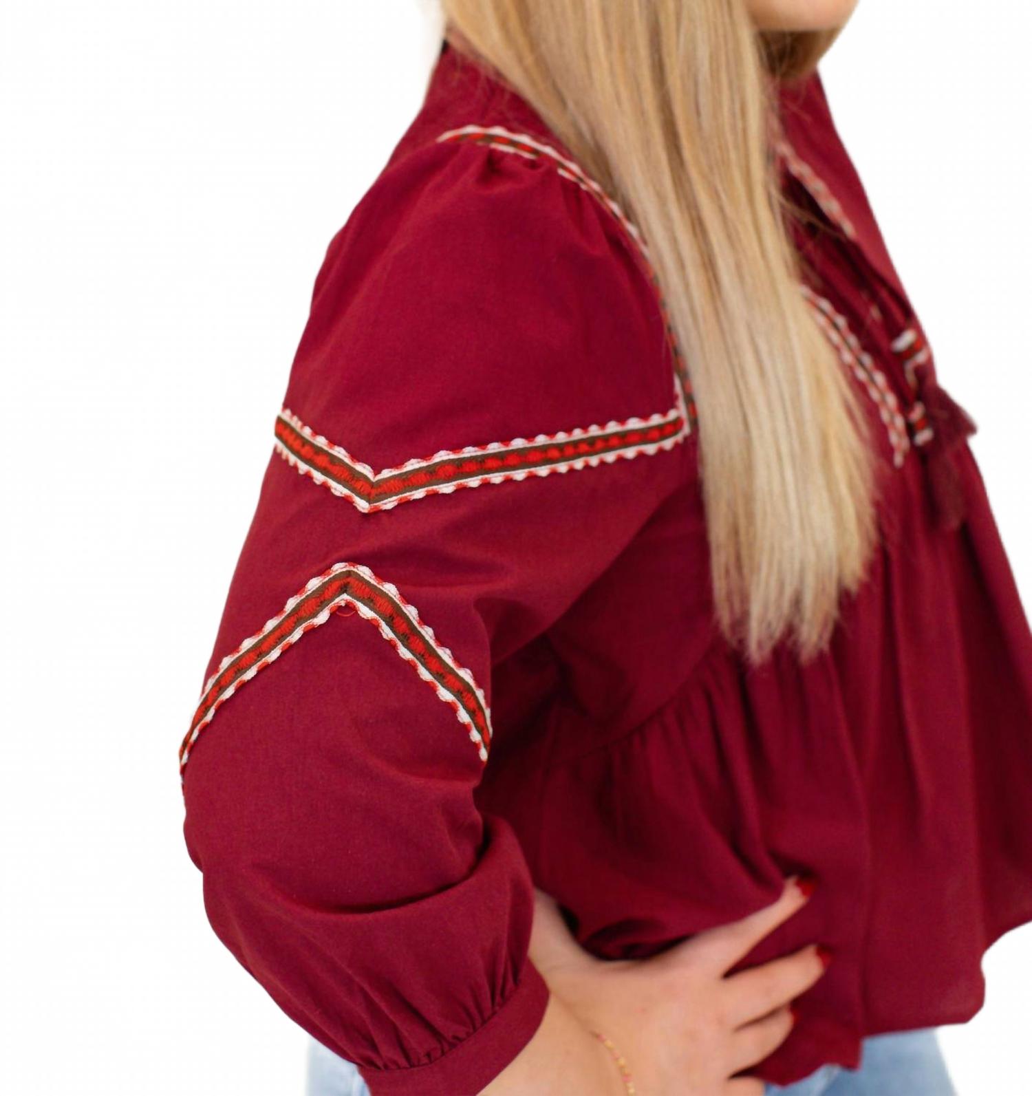 Embroidered Trim Babydoll Blouse In Burgundy
