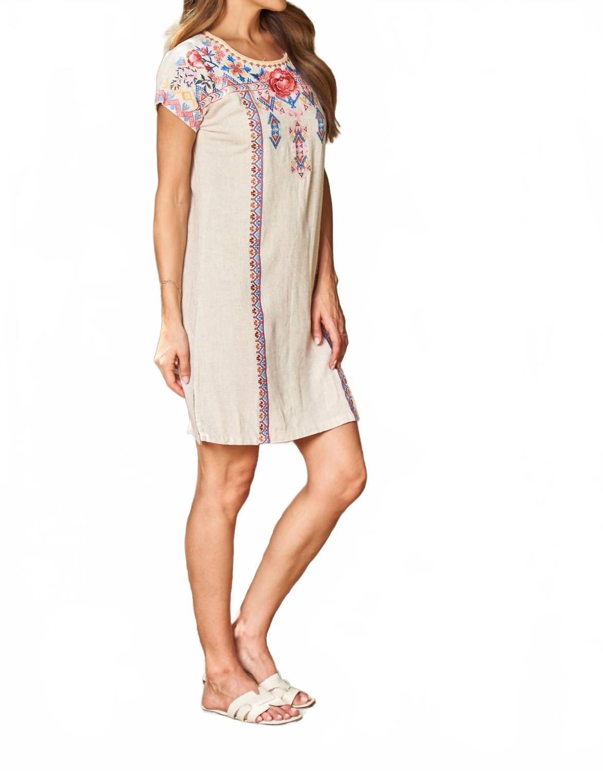 Linen Blend Embroidered Shift Dress In Oatmeal