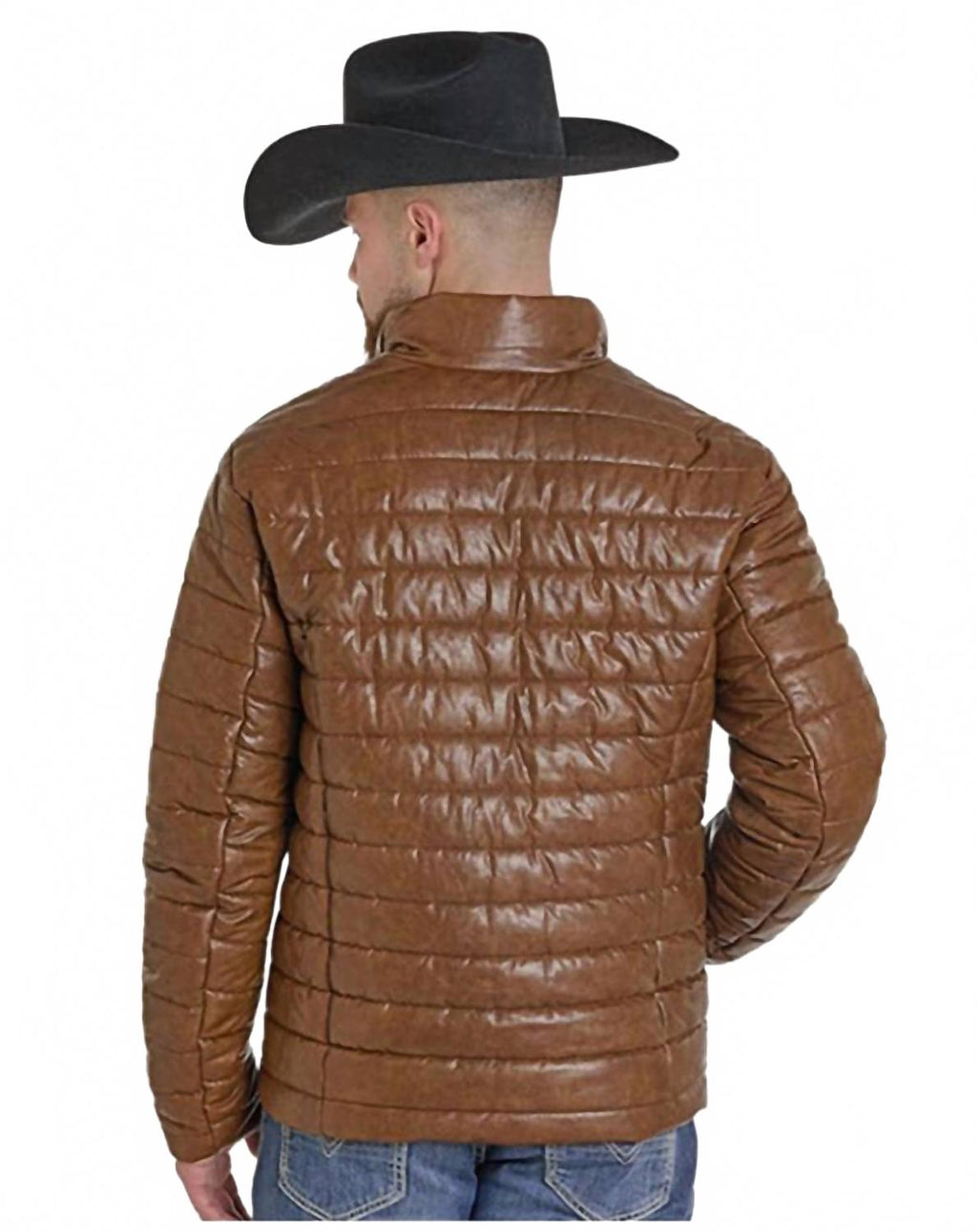 Men's Distressed Faux Leather Puffer Coat In Tan