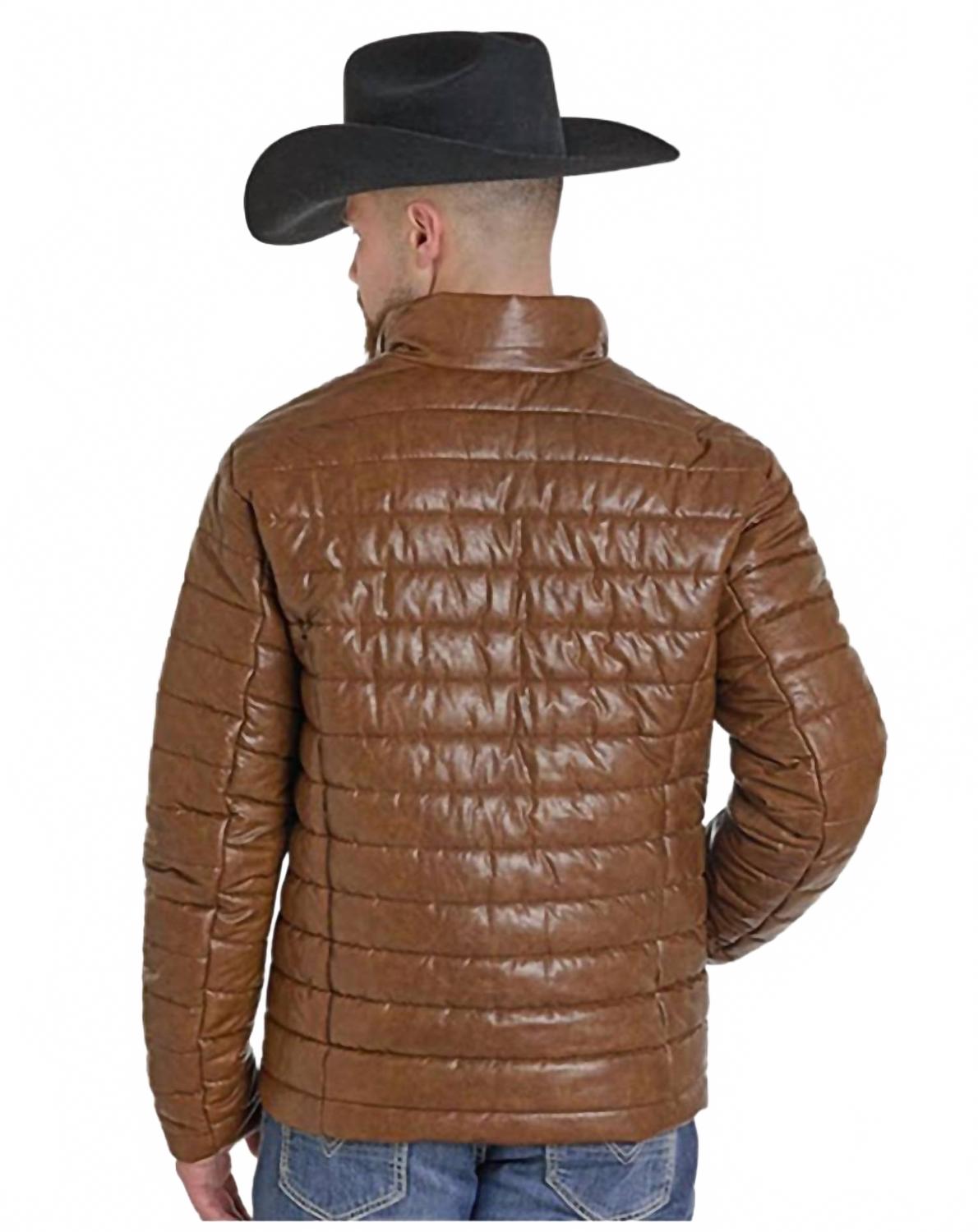 Men's Distressed Faux Leather Puffer Coat In Tan