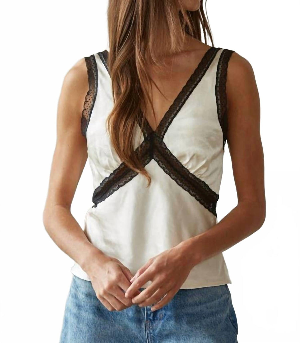 Woven Contrast Lace Sleeveless Top In Pearl
